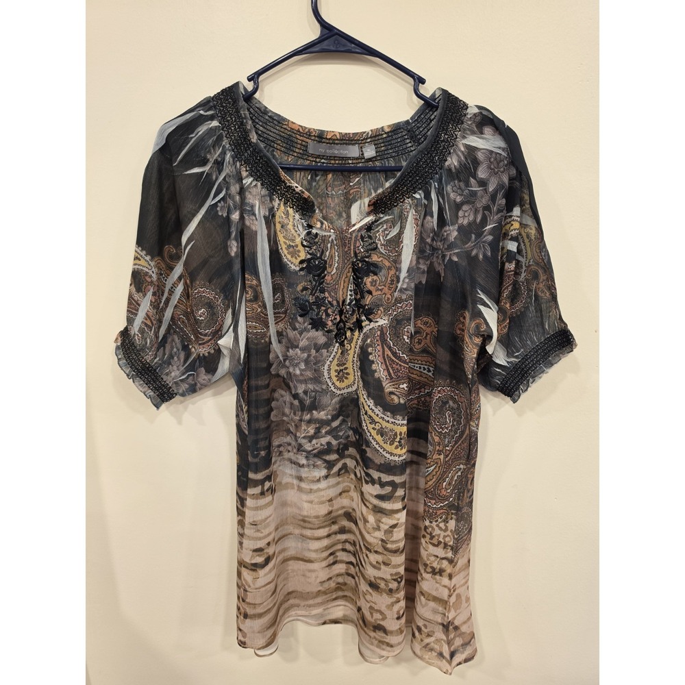 Women's XL Sheer Paisley Floral Boho Peasant Blouse Embroidered‎ Puff Sleeves